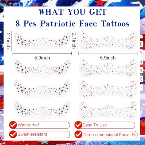 DUSCAU Patriotic Glitter Freckles Temporary Face Tattoos - 8 Sheets