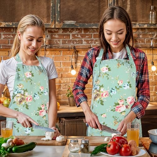 Adjustable Floral Cotton Apron with 2 Pockets for Women