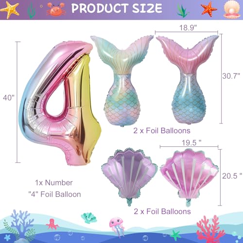 Mermaid Birthday Decorations 40 Inch Giant 4 Years Old Foil Balloons