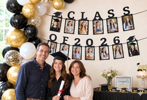 PartyHooman Black 4x6 Graduation Photo Banner for Class of 2026, Pre-Stringed