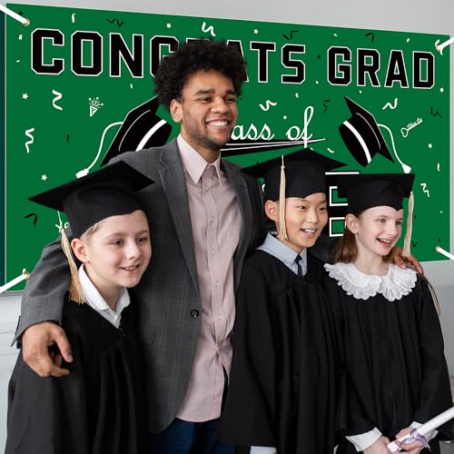 2026 Graduation Decorations - Green Polyester Backdrop & Congrats Grad Banner