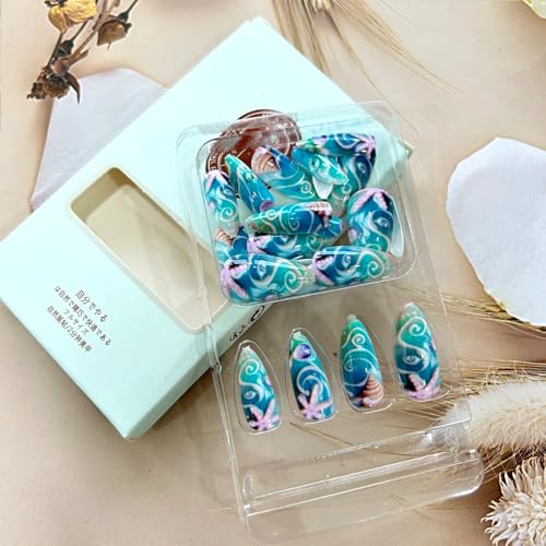 Light Blue Almond Press on Nails with Starfish Shells and Rhinestones
