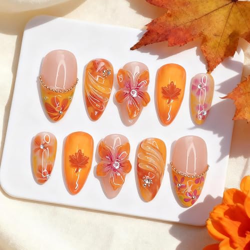 Fall Press on Nails Medium Almond French Tip 3D Flower Fake Nails