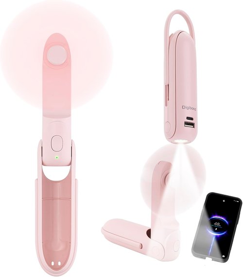 Digibond Portable Pink Handheld Fan - 3000mAh USB Rechargeable, 6-in-1 Travel Essential with Lanyard