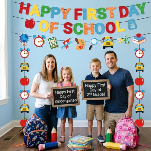 First Day of School Decorations Set | 17pcs Glitter Banner & Swirls