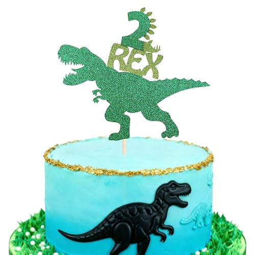 Dinosaur 2nd Birthday Cake Topper - Green Glitter T-Rex Decoration