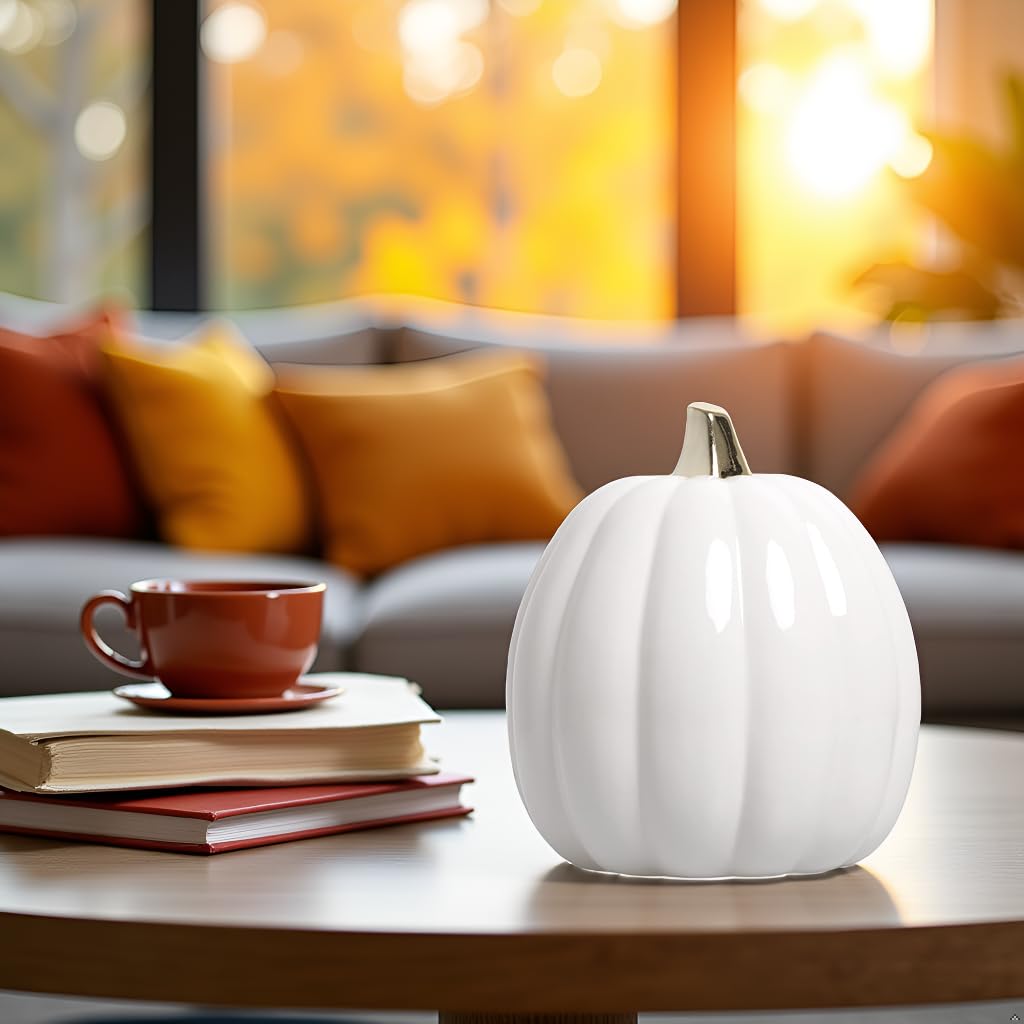 Pearhead Ceramic Pumpkin Fall Decor with Gold Stem, White