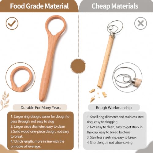 JJUNW Natural Wooden Dough Whisk for Sourdough & Pastry Mixing