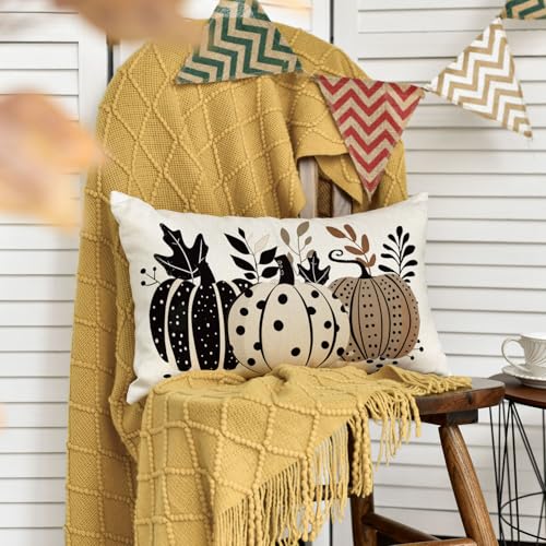 Fall Pumpkin Polka Dot Leaves Throw Pillow Cover 20x12 Inch
