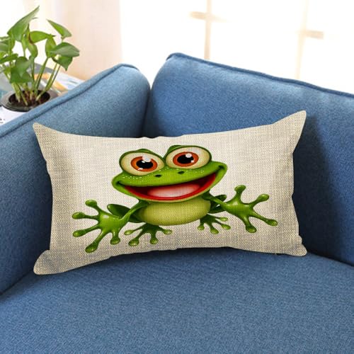 Funny Frog Throw Pillow Cover 12x20 Inch - Cotton Linen Cushion