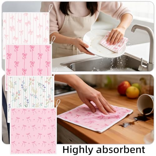 Microfiber Kitchen Dish Cloths - 4-Pack Reusable Towels with Hanging Loop