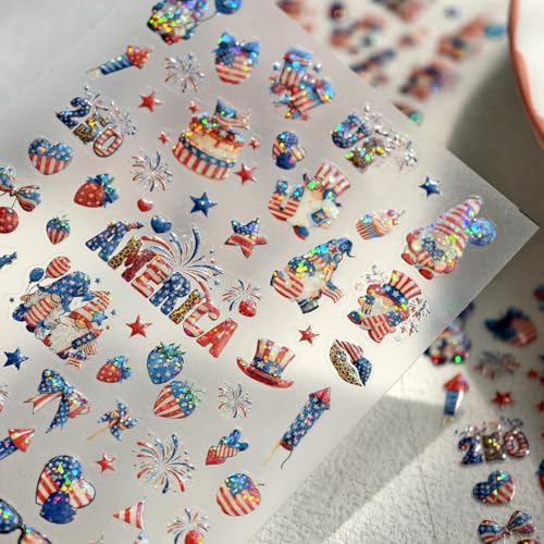 KRTBKR 5D Embossed 4th of July Nail Stickers American Flag Patriotic Decals