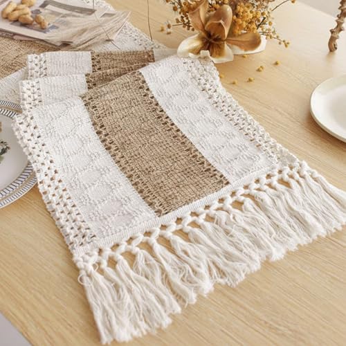Boho Table Runner with Tassels - Beige 72-Inch Farmhouse Rustic Cotton Linen Blend