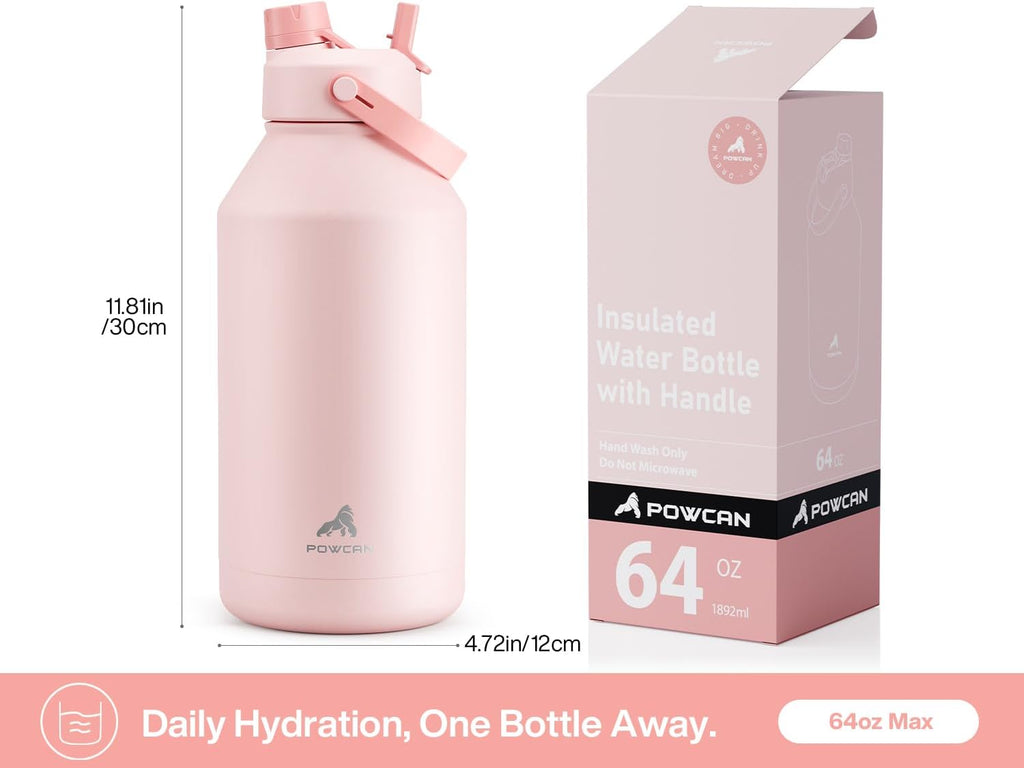 POWCAN 64 oz Insulated Water Bottle - 2-in-1 Straw & Spout Lid | Keeps Drinks Cold 24H, BPA-Free, Cotton Candy
