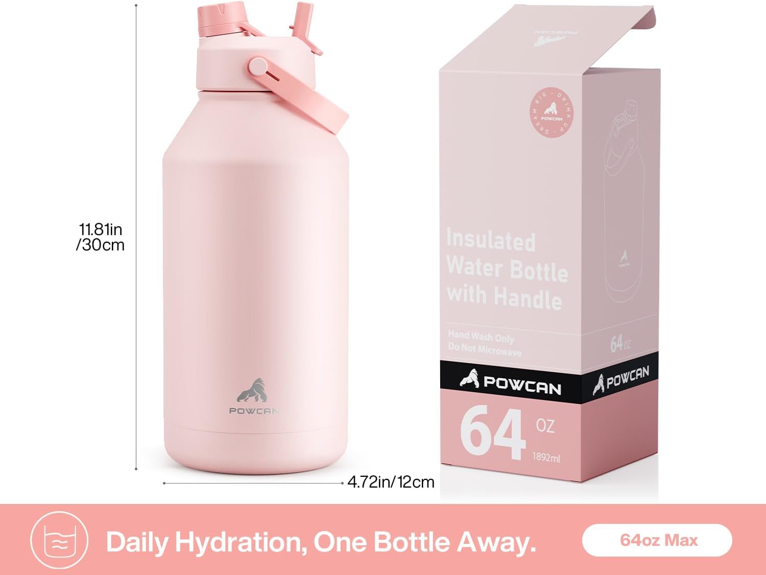 POWCAN 64 oz Insulated Water Bottle - 2-in-1 Straw & Spout Lid | Keeps Drinks Cold 24H, BPA-Free, Cotton Candy