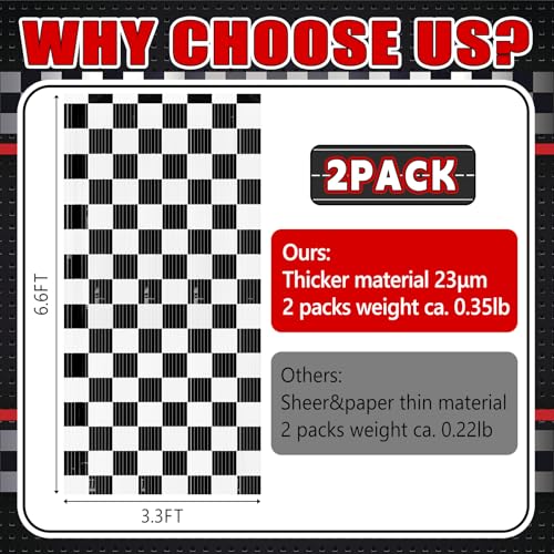 PreJoyStar Car Foil Fringe Curtains - Race Car Themed Backdrop 2 Pack, 3.3 x 6.6 Ft, Black & White Checkered Party Decorations