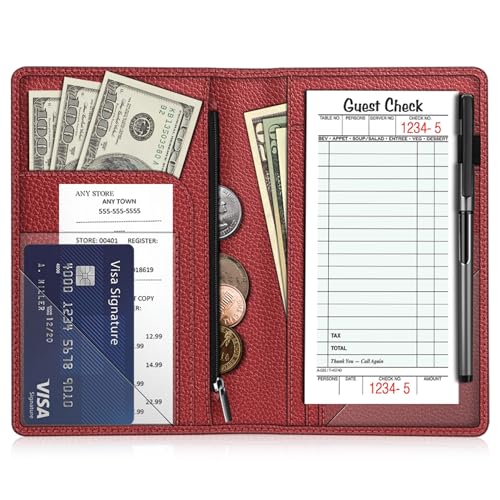 FINTIE Portable Server Book Organizer with Zipper Pocket - Poppy Red PU Leather Check Presenter