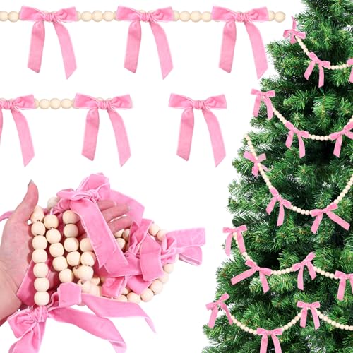 Pink Pearl Garland with Satin Bows 9.8Ft Christmas Party Decor