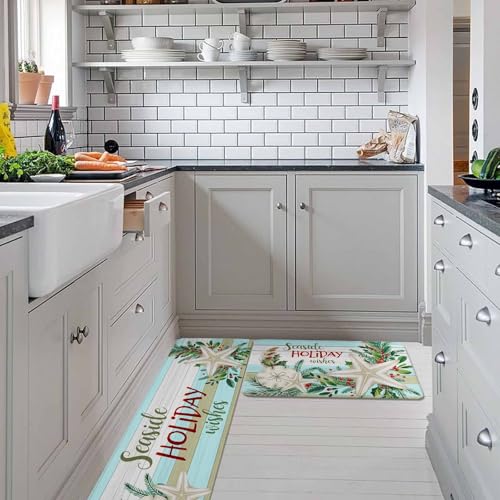 Christmas Coastal Kitchen Rugs 2-Piece Set Non-Slip Absorbent Mats - 16x24 & 16x47 Variation of THIS listing