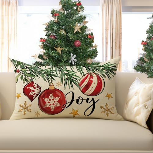Christmas Balls Lumbar Throw Pillow Cover, 12 x 20 Inch Cotton Linen Case
