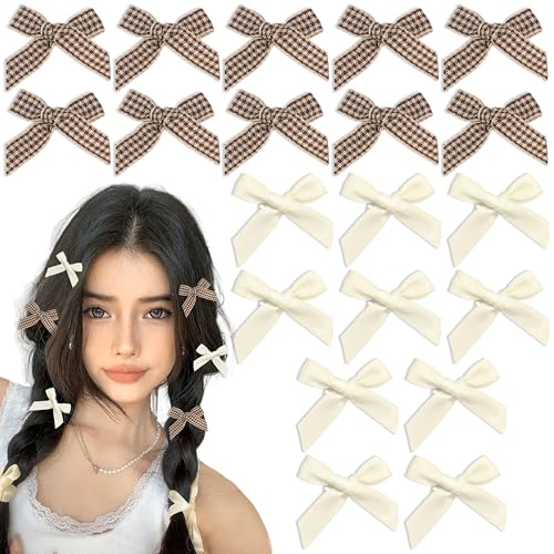 AROCOOY 20pcs Mini Bow Hair Clips Brown Gingham & Beige Ribbon Barrettes