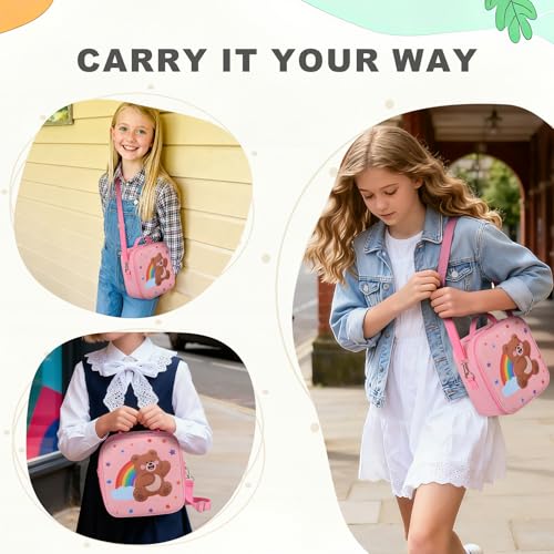Insulated Kids Lunch Bag with Adjustable Strap - Bear Pink