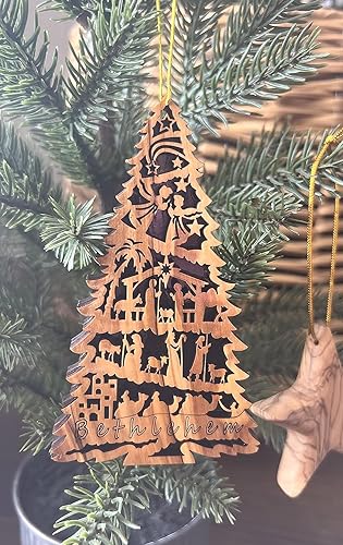Set of 3 4.75-Inch Olive Wood Nativity Christmas Ornaments - Holy Land Carved Religious Keepsakes