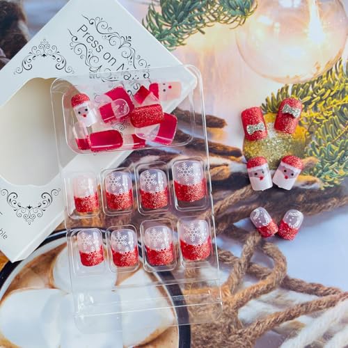 Christmas Press on Nails Short Red French Tip False Nails with Charms