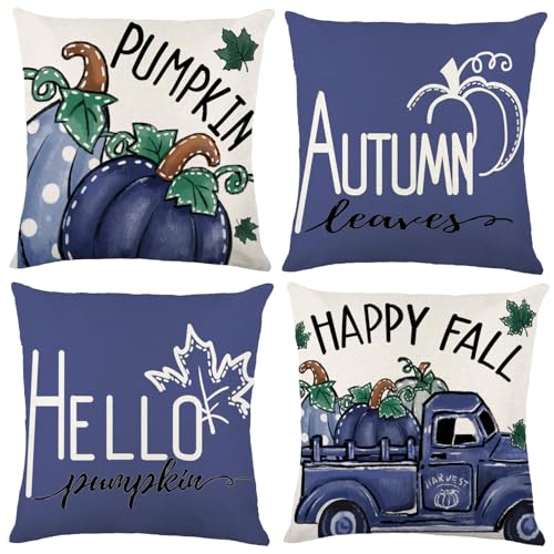 Fall Set of 4 18x18 Inch Decorative Pillow Covers with Pumpkins Leaves Polka Dots