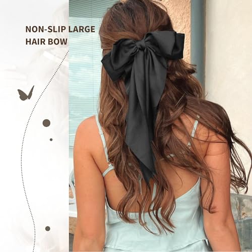 TINKRSTUFF 2 Pcs Silky Satin Big Hair Bows with Metal Clips, Large Long Tail French Barrette Hair Accessories for Women