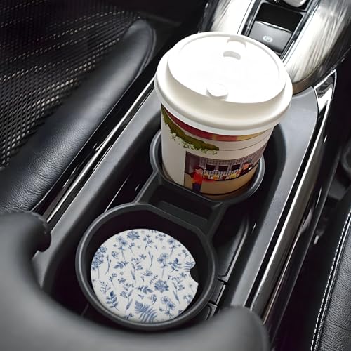 Vintage Blue Flower Car Coasters - 2 Pack Ceramic Cup Holder Accessories