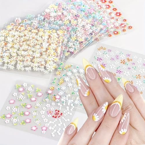Cublive 30 Sheets 3D Floral Nail Stickers Cute Daisy Flower Nail Decals