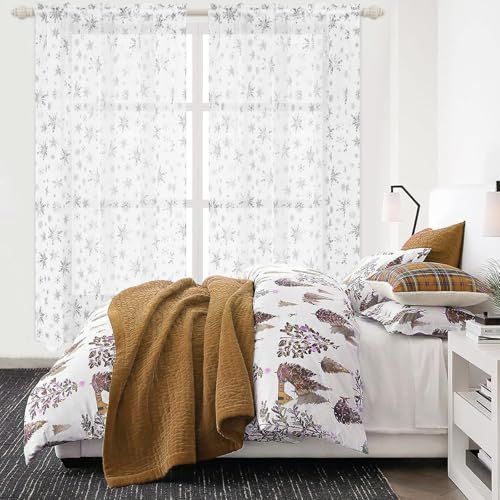 Christmas Sheer Curtains with Snowflake Foil Print, 52W x 63L, 2 Panels - White-Silver