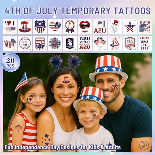 Fourth of July Temporary Tattoos - 26 Sheets Patriotic USA Stickers