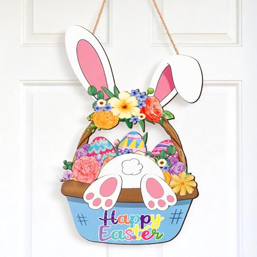 Wooden Easter Wreath - Happy Bunny Basket Door Decoration
