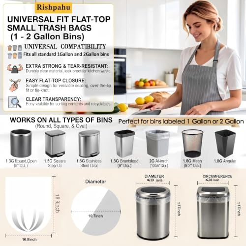 Rishpahu 2 Gallon Small Trash Bags, 110 Ct Transparent Bathroom Garbage Liners