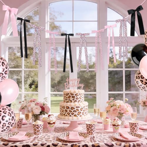 Pink and Black Cheetah Bow Garland Banner for Party Decor