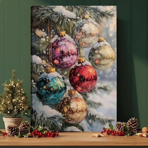 Christmas Tree Canvas Wall Art 12x18 Snow Scene with Baubles - Holiday Decor