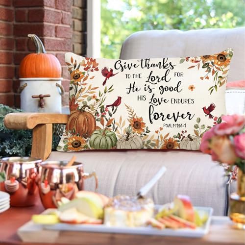 Fall Pumpkin Lumbar Pillow Cover 12x20" - Give Thanks to The Lord