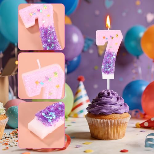 Goktvai Number 7 Birthday Candle Pink and Purple Glitter Cake Topper