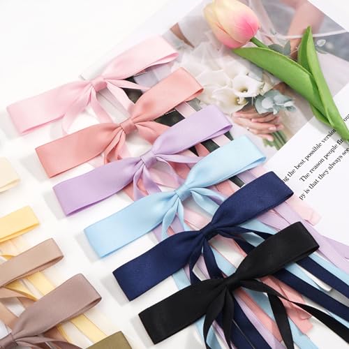 Pink Satin Hair Bows for Women - Large Long Tail Bow Barrettes (4 Pack)