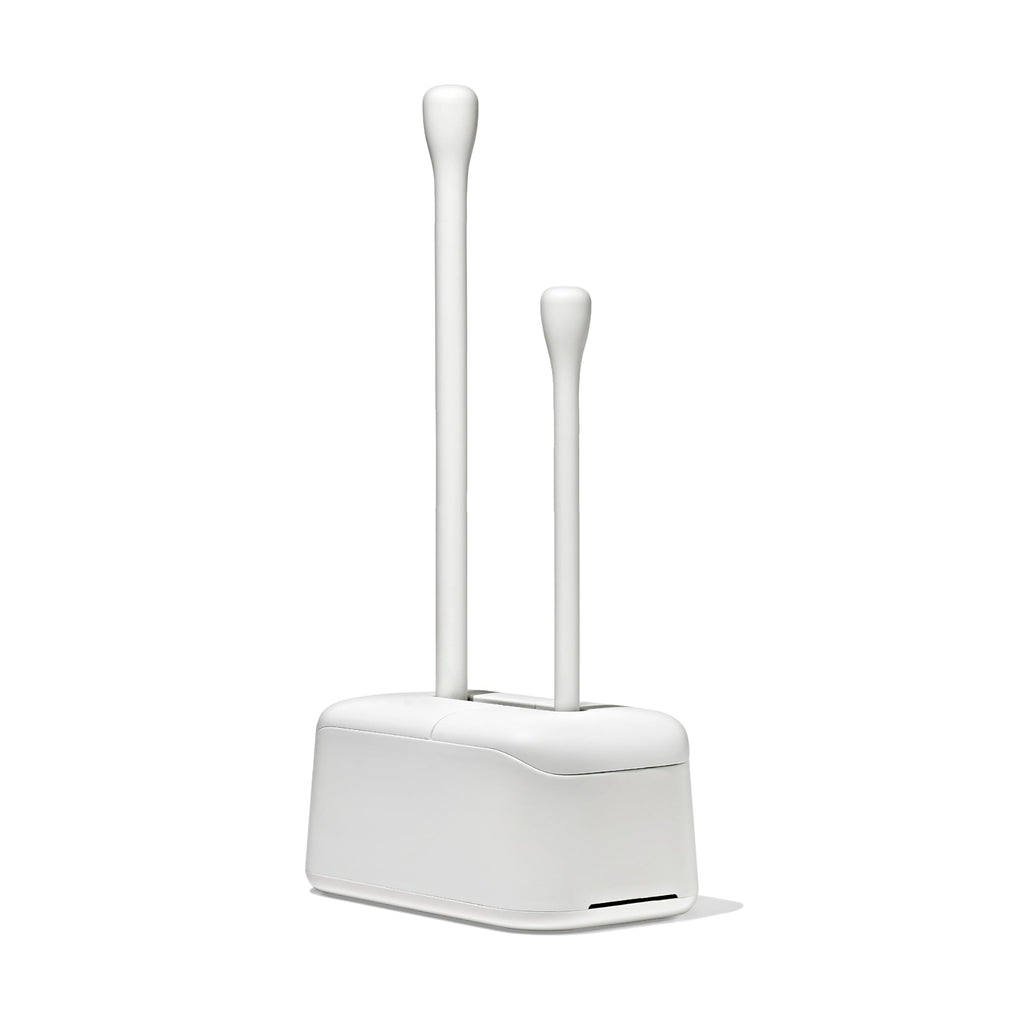 OXO Good Grips Toilet Brush & Plunger Set | Two Bathroom Essentials in one Space-Saving Canister | Toilet Bowl Cleaner and Plunger with Holder, Perfect for Small bathrooms