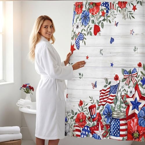 4th of July Shower Curtain - Patriotic American Flag Decor, 72 x 71 Inch with Hooks