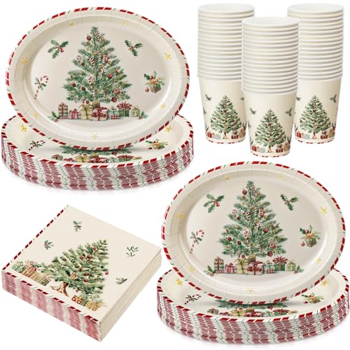 Christmas Paper Plates Cups Napkins Set - 150 Pcs Oval Holiday Tableware