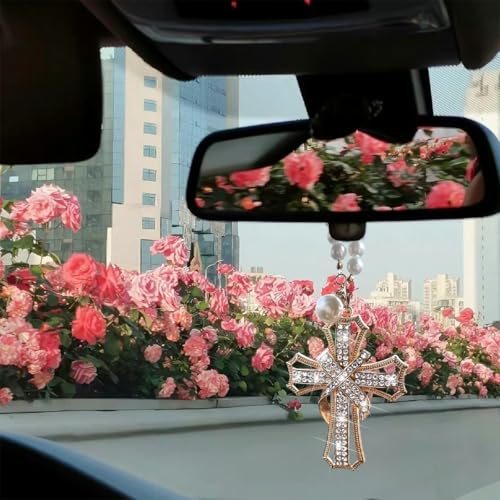 Zpana Bling Crystal Rhinestone Cross Car Rearview Mirror Ornament