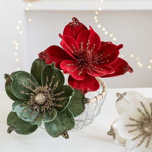 Artificial Glitter Magnolia Flowers Christmas Poinsettia Ornaments Picks - Red, 9.4 Inches, Set of 6