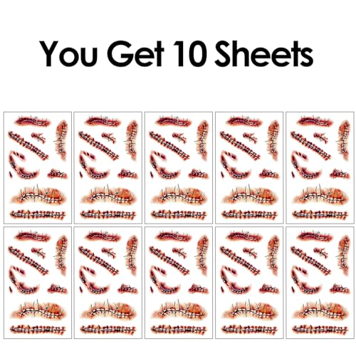 Chucky Costume Temporary Tattoos - 10 Sheets Realistic Scar Stickers