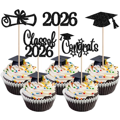 2026 Graduation Cupcake Toppers - 30 PCS Glitter Picks