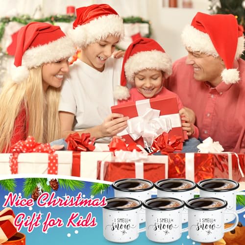 Set of 6 Enamel Christmas Mugs - Snowflake Winter Coffee Cups
