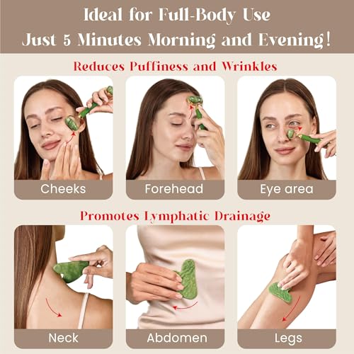 Rena Chris Jade Roller and Gua Sha Set for Face - Anti-Breakage Green Xiuyan Stone